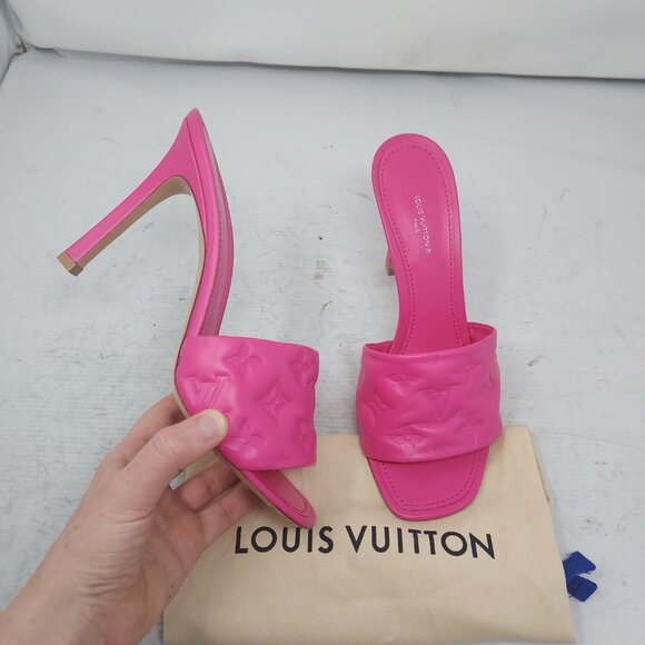 LOUIS VUITTON PINK MONOGRAM EMBOSSED REVIVAL HEEL LOGO SANDAL